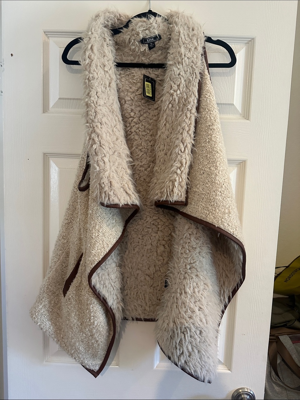 Lisa International Cream Faux Sherpa Vest with Brown Trim